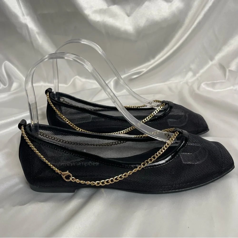 JEFFREY CAMPBELL GERALDINE BLACK MESH GOLD
CHAIN BALLET FLATS SIZE 6 - Picture 5 of 11
